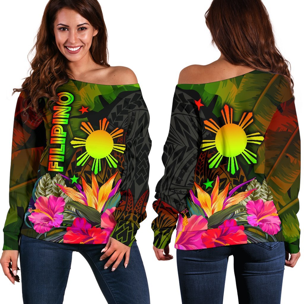 The Philippines Polynesian Women's Off Shoulder Sweater - Hibiscus and Banana Leaves Art - Polynesian Pride