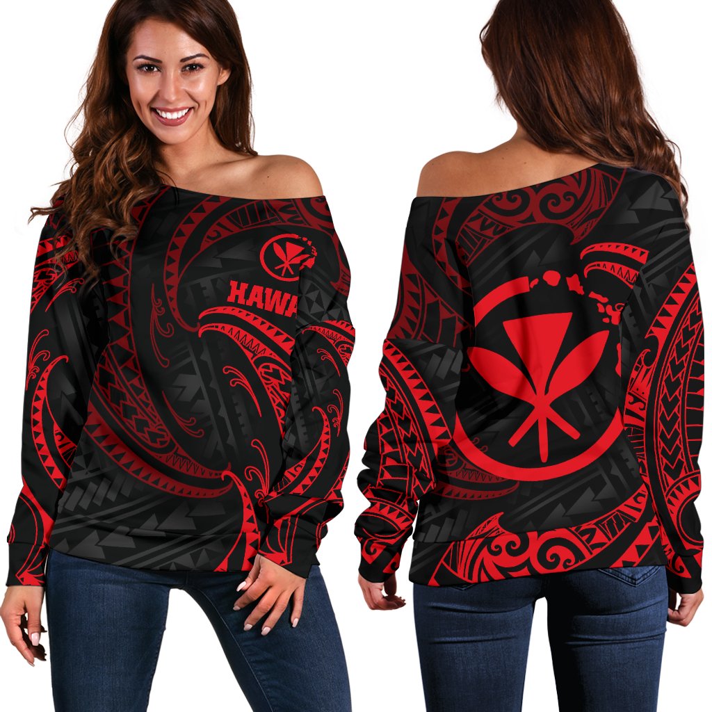 Hawaii Polynesian Women's Off Shoulder Sweater - Red Tribal Wave Women Red - Polynesian Pride