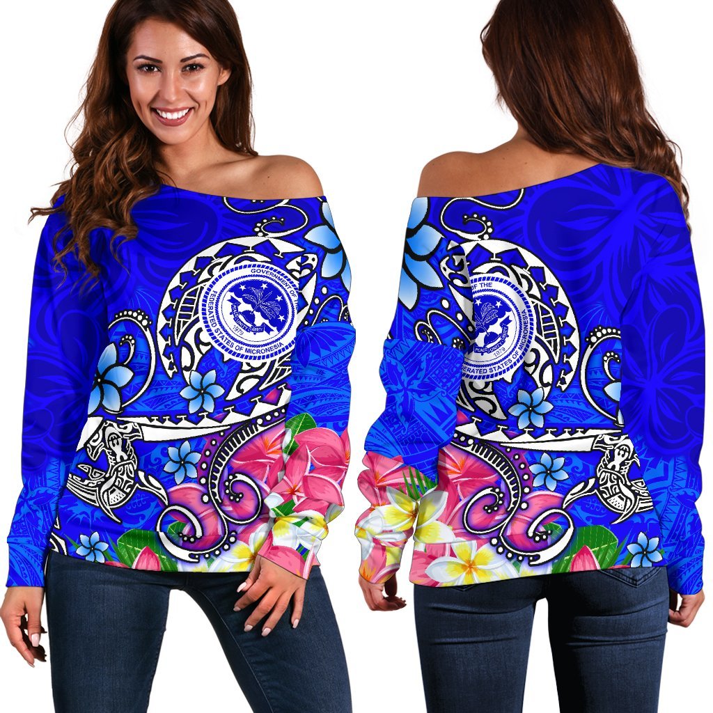 FSM Women's Off Shoulder Sweater - Turtle Plumeria (Blue) Blue - Polynesian Pride