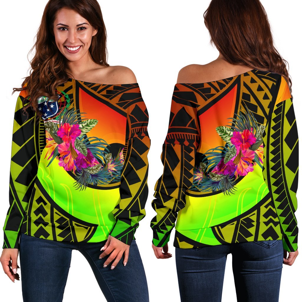Samoa Women's Off Shoulder Sweater - Polynesian Hook And Hibiscus (Reggae) - Polynesian Pride