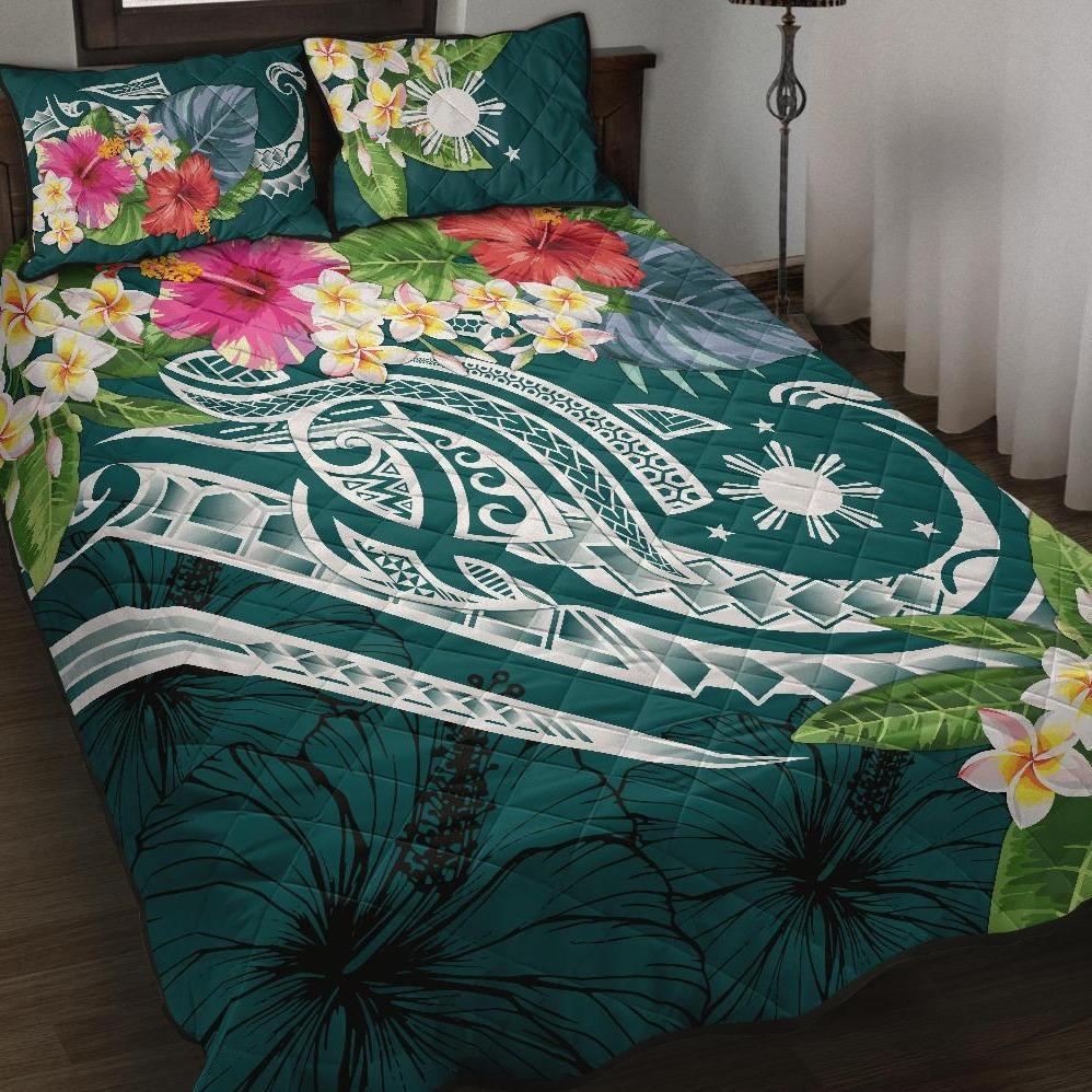 The Philippines Quilt Bed Set - Summer Plumeria (Turquoise) Turquoise - Polynesian Pride
