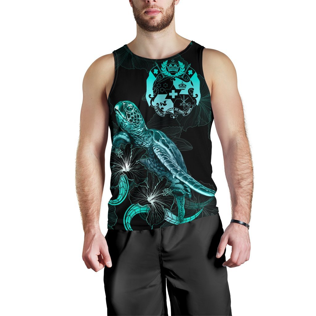 Tonga Polynesian Men Tank Top - Turtle With Blooming Hibiscus Tuquoise - Polynesian Pride
