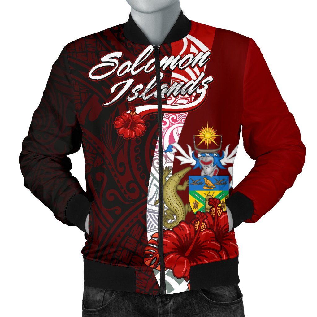 Solomon Islands Polynesian Men's Bomber Jacket - Coat Of Arm With Hibiscus Red - Polynesian Pride