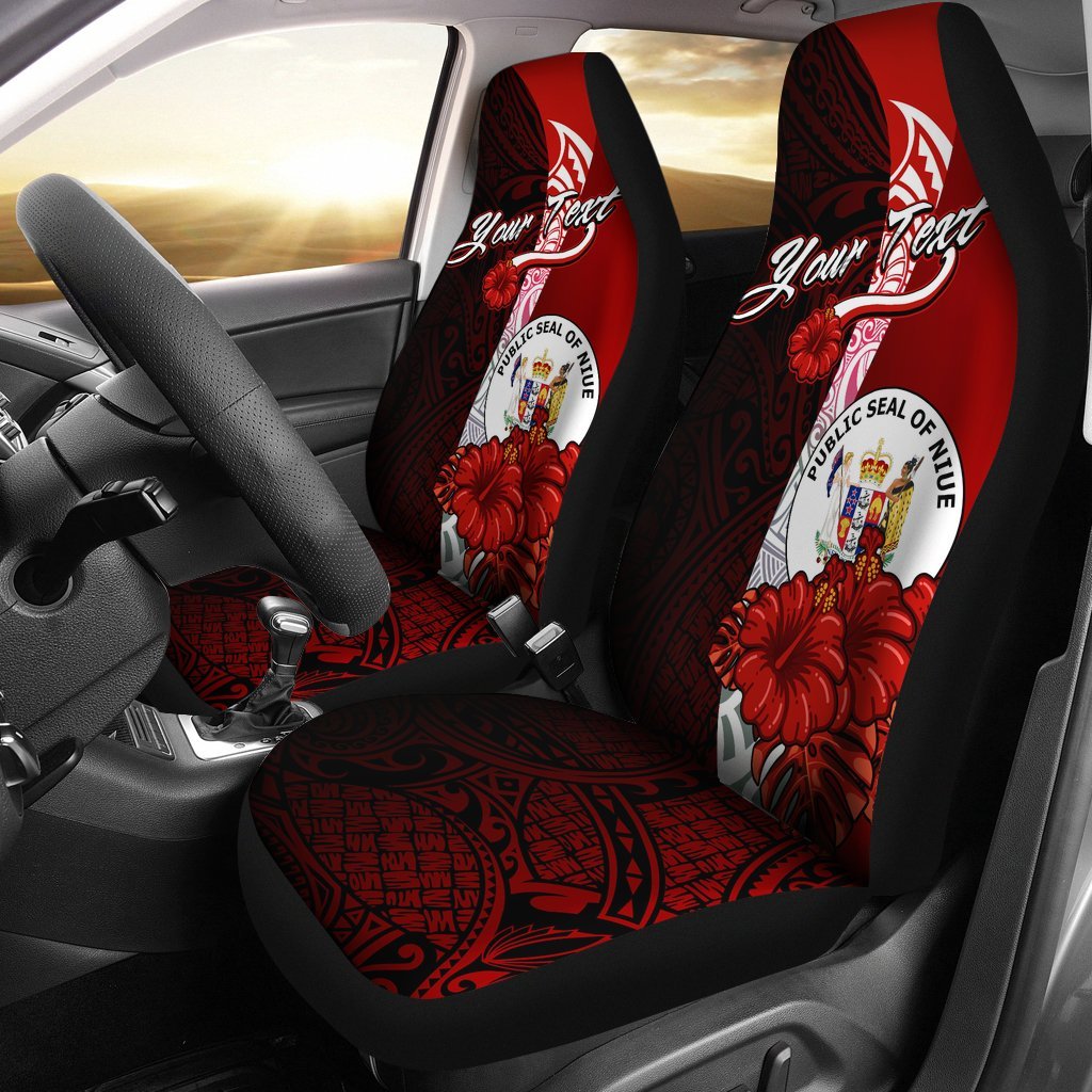 Niue Polynesian Custom Personalised Car Seat Covers - Coat Of Arm With Hibiscus Universal Fit Red - Polynesian Pride