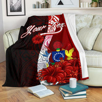 Cook Islands Polynesian Custom Personalised Premium Blanket - Coat Of Arm With Hibiscus White - Polynesian Pride