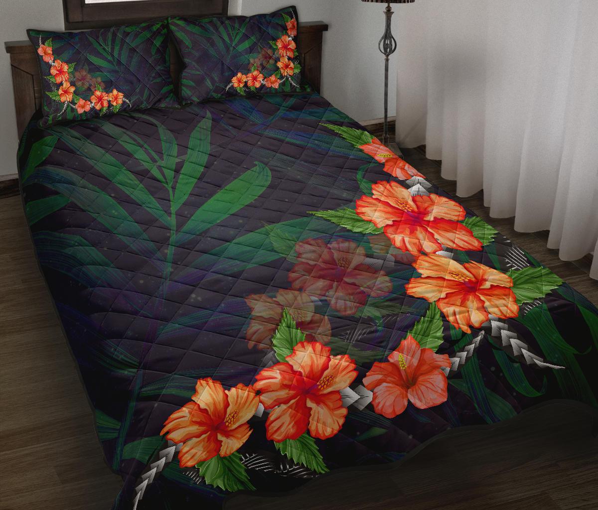 Hibiscus Palm Background Quilt Bed Set - Polynesian Pride