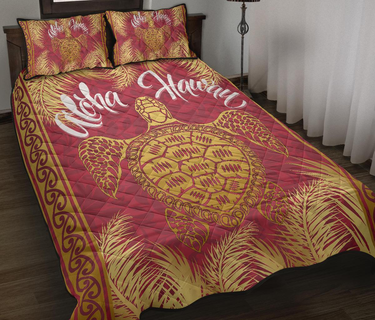 Hawaii Turtle Gold Tropical Leaves Polynesian Quilt Bed Set - Royal Style - AH - Polynesian Pride