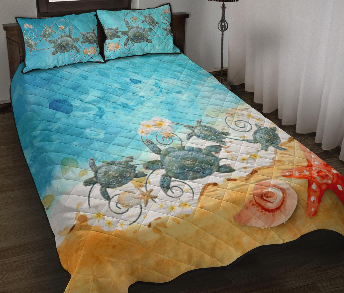 Hawaii Quilt Bed Set - Plumeria Turtles On Beach Hawaiian - Polynesian Pride