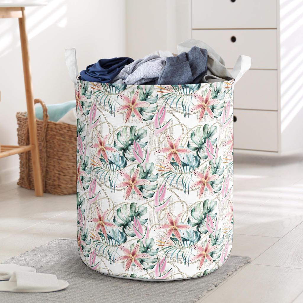 Tropical Pattern With Orchids Leaves And Gold Chains Hawaii Laundry Basket AH Laundry Basket - 1 One Size Gold - Polynesian Pride