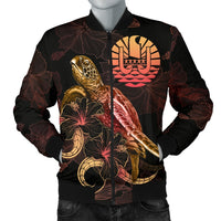 Tahiti Polynesian Men's Bomber Jacket - Turtle With Blooming Hibiscus Gold Gold - Polynesian Pride