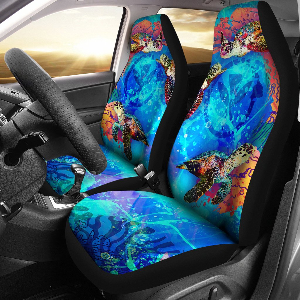 Hawaii Polynesian Car Seat Covers - Kanaka Maoli Sea Turtle Coral Treasure Universal Fit BLUE - Polynesian Pride