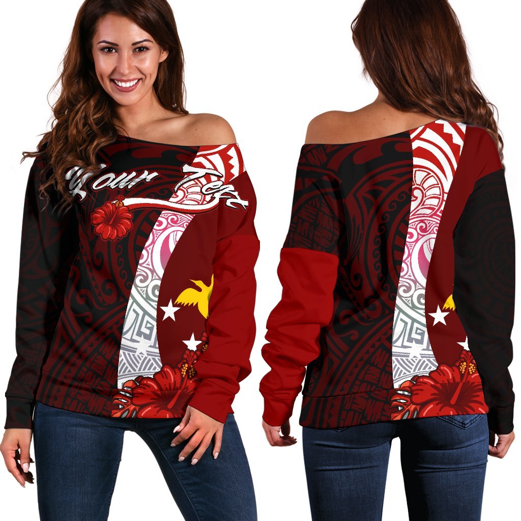 Papua New Guinea Polynesian Custom Personalised Women's Off Shoulder Sweater - Coat Of Arm With Hibiscus Red - Polynesian Pride