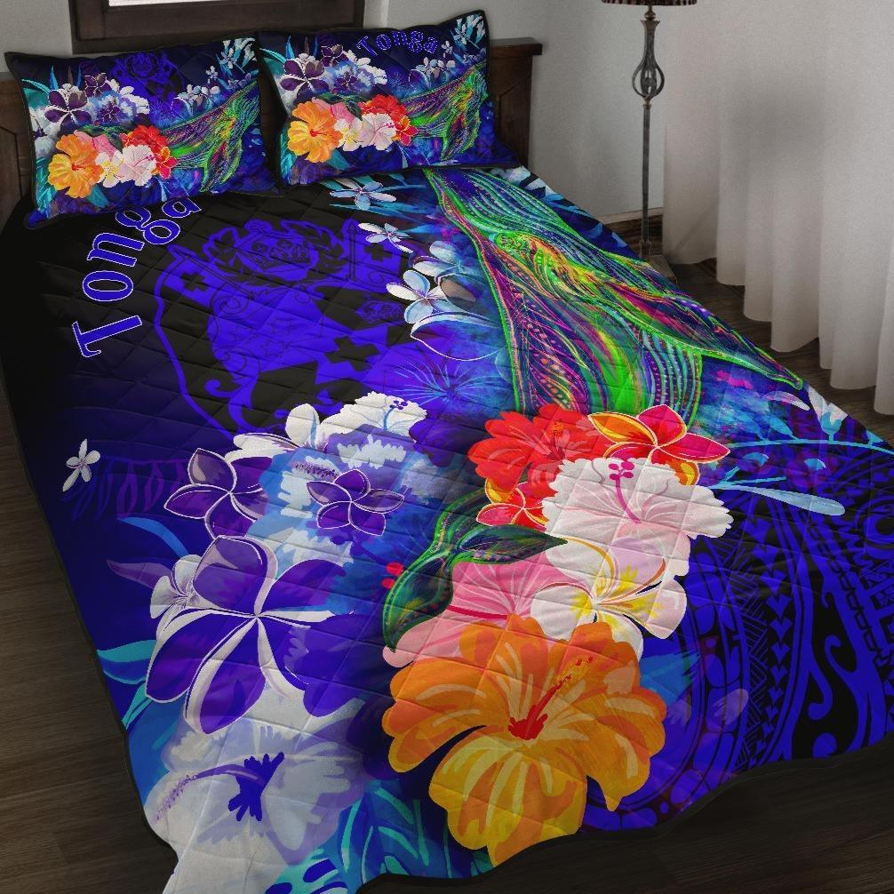 Tonga Quilt Bed Set - Humpback Whale with Tropical Flowers (Blue) Blue - Polynesian Pride
