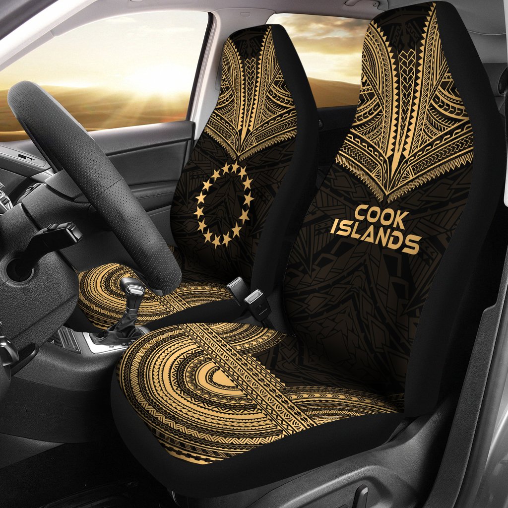 Cook Islands Car Seat Cover - Cook Islands Flag Polynesian Chief Tattoo Gold Version Universal Fit Gold - Polynesian Pride