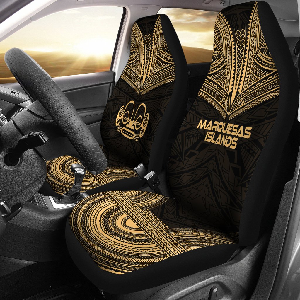 Marquesas Islands Car Seat Cover - Marquesas Islands Tiki Face Polynesian Chief Tattoo Gold Version Universal Fit Gold - Polynesian Pride