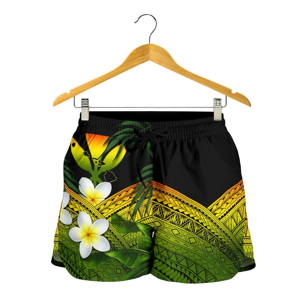 kanaka-maoli-hawaiian-womens-shorts-polynesian-plumeria-banana-leaves-reggae