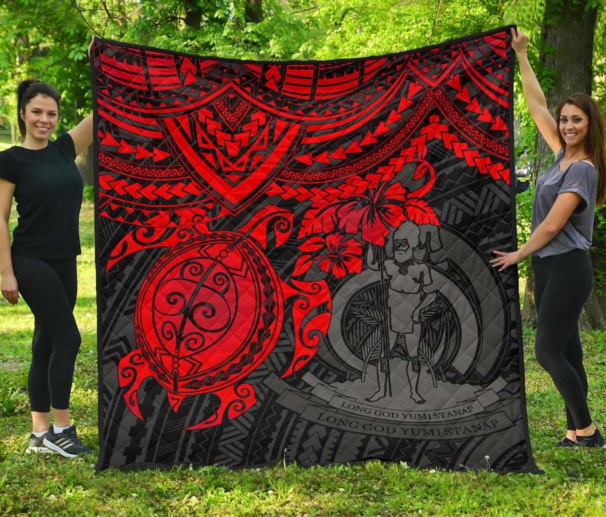 Vanuatu Polynesian Premium Quilt - Vanuatu Coat Of Arms & Red Turtle Hibiscus RED - Polynesian Pride