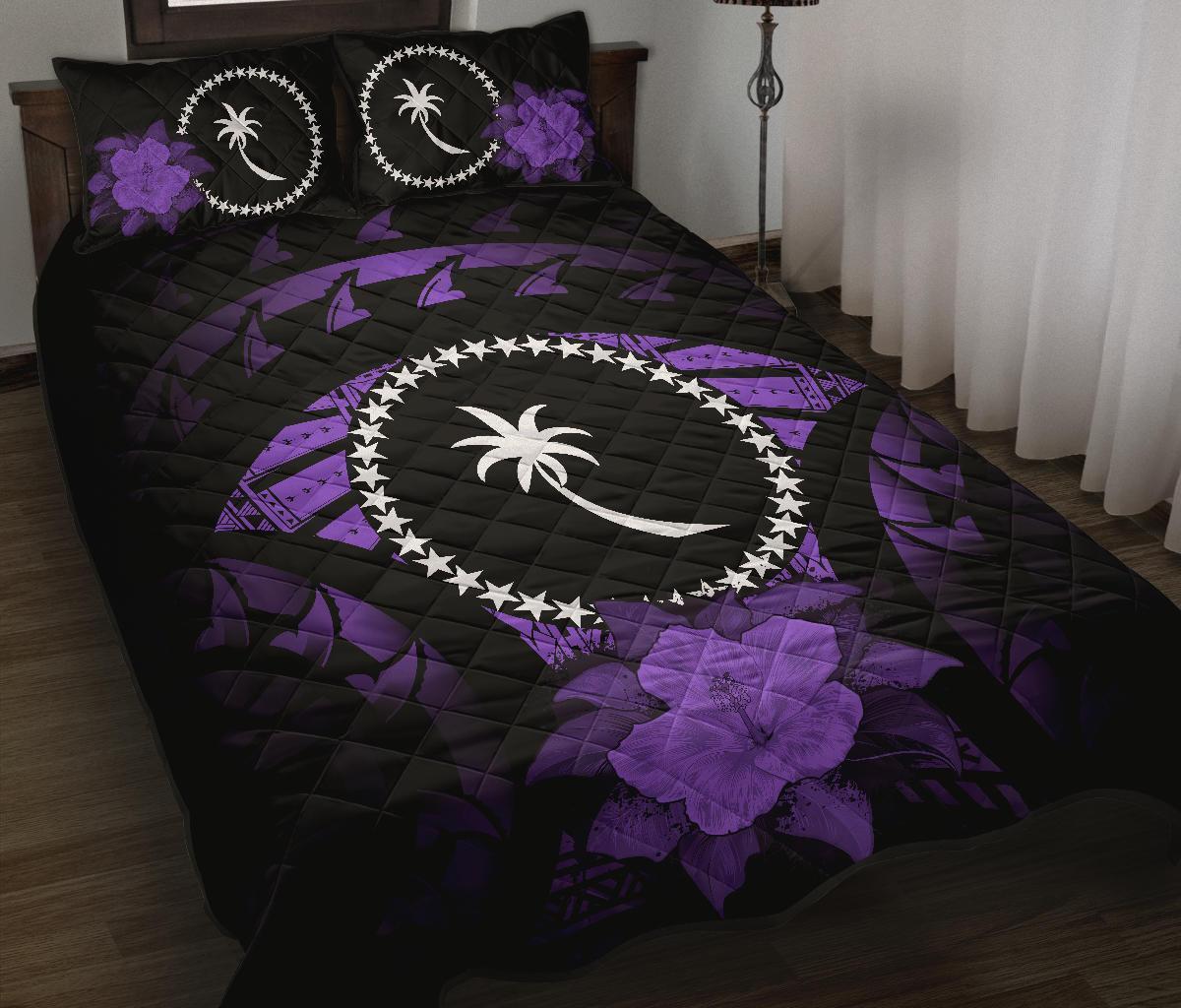 Chuuk Polynesian Quilt Bed Set Hibiscus Purple Black - Polynesian Pride