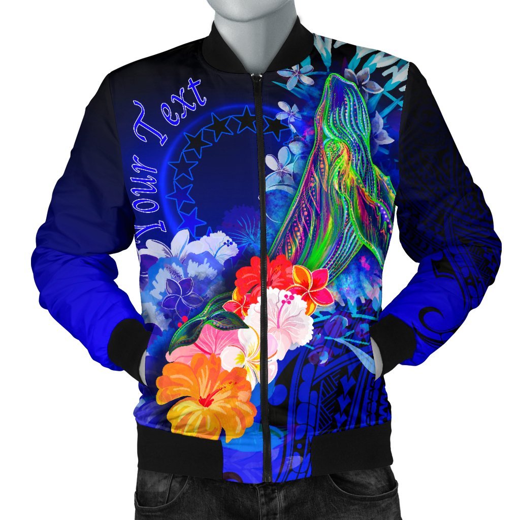 Cook Islands Custom Personalised Men's Bomber Jacket - Humpback Whale with Tropical Flowers (Blue) Blue - Polynesian Pride