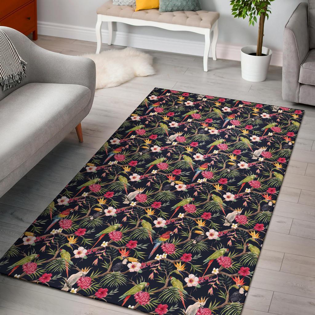 Tropical Hibiscus, Strelitzia Palm Leaves Rug Black - Polynesian Pride
