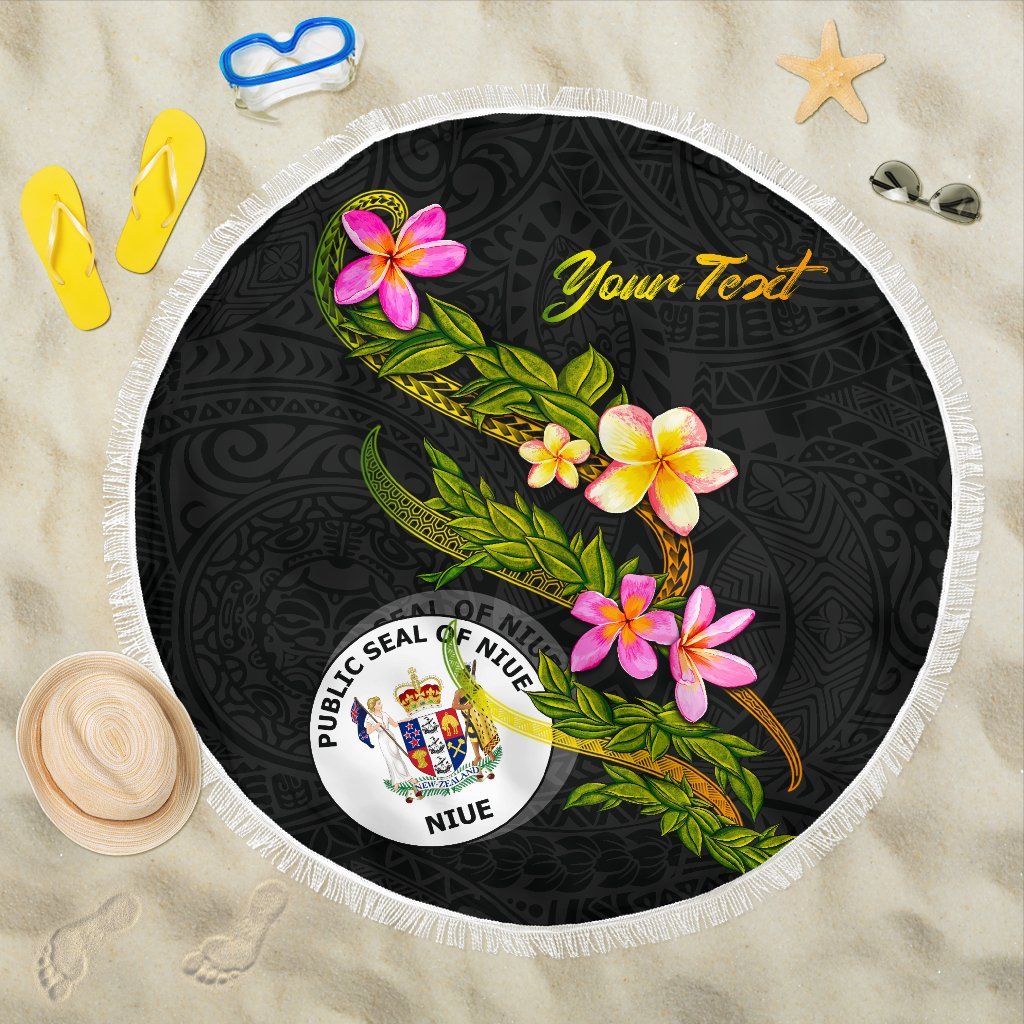 Niue Custom Personalised Beach Blanket - Plumeria Tribal ONE STYLE ONE SIZE BLACK - Polynesian Pride