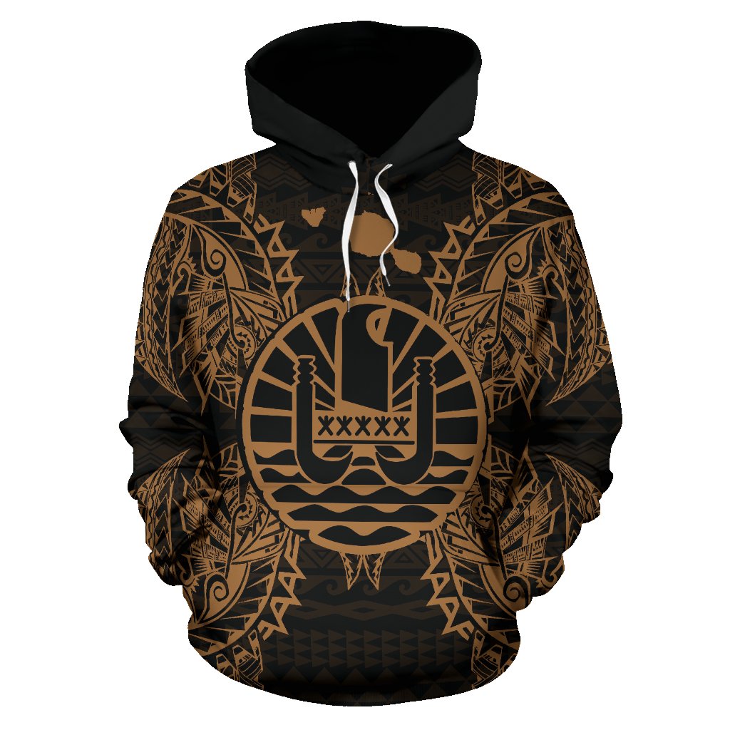 French Polynesia Polynesian ll Over Hoodie Map Gold - Polynesian Pride