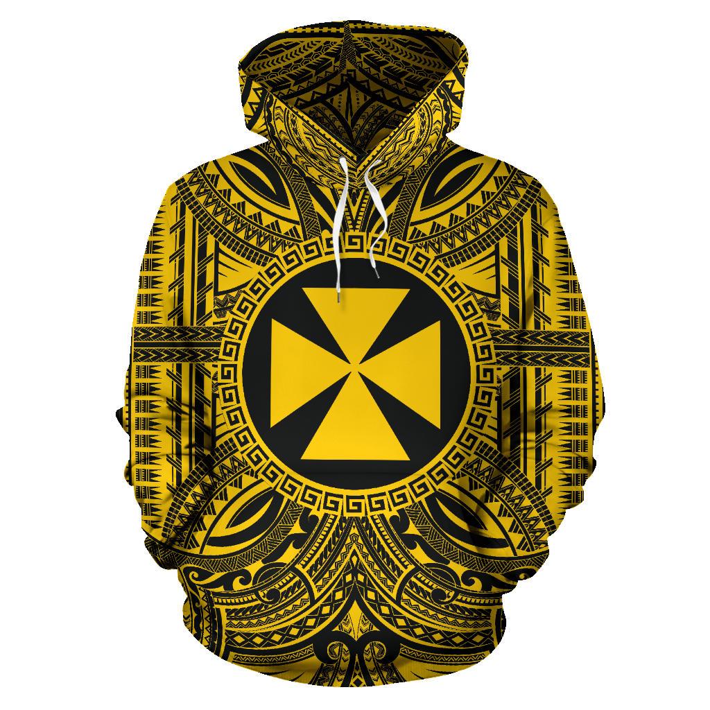 Wallis nd Futuna ll Over Hoodie Wallis nd Futuna Coat of rms Polynesian Gold Black Unisex Gold - Polynesian Pride