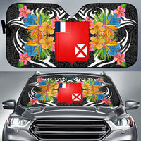 Wallis & Futuna Auto Sun Shades - Coat Of Arms With Tropical Flowers Auto Sun Shade - Wallis & Futuna Universal Fit Black - Polynesian Pride
