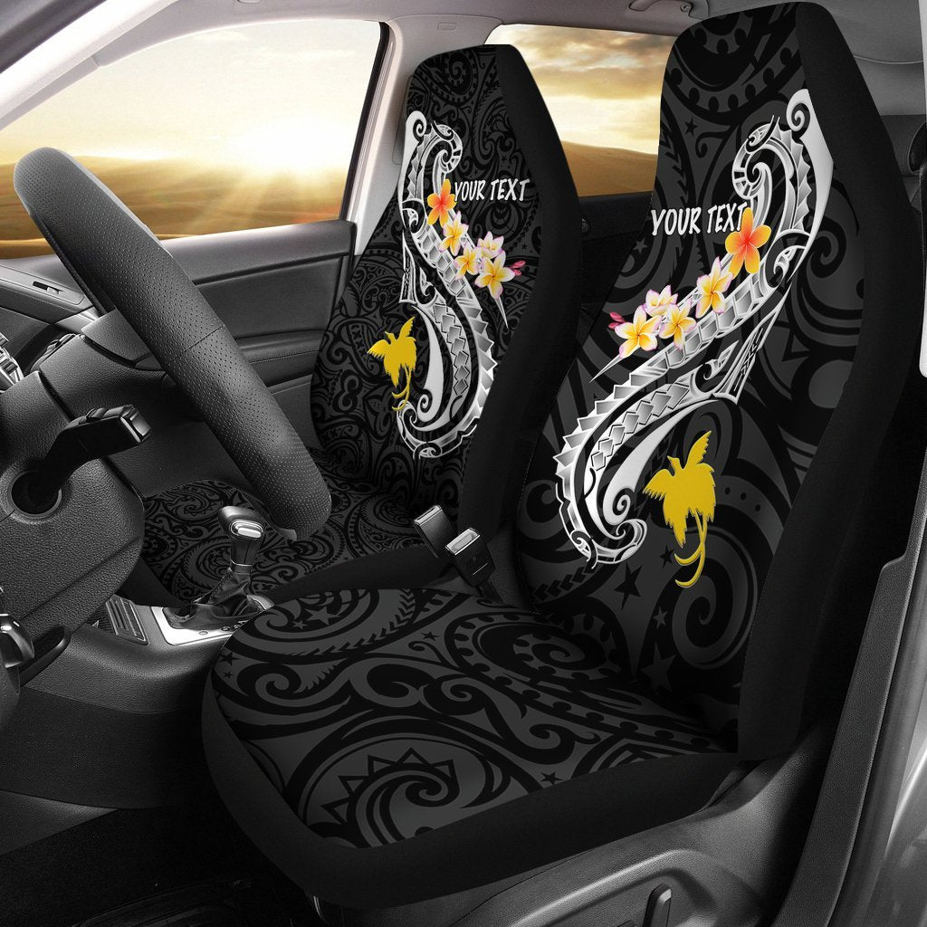 Papua New Guinea Custom Personalised Car Seat Covers - PNG Seal Polynesian Patterns Plumeria (Black) Universal Fit Black - Polynesian Pride