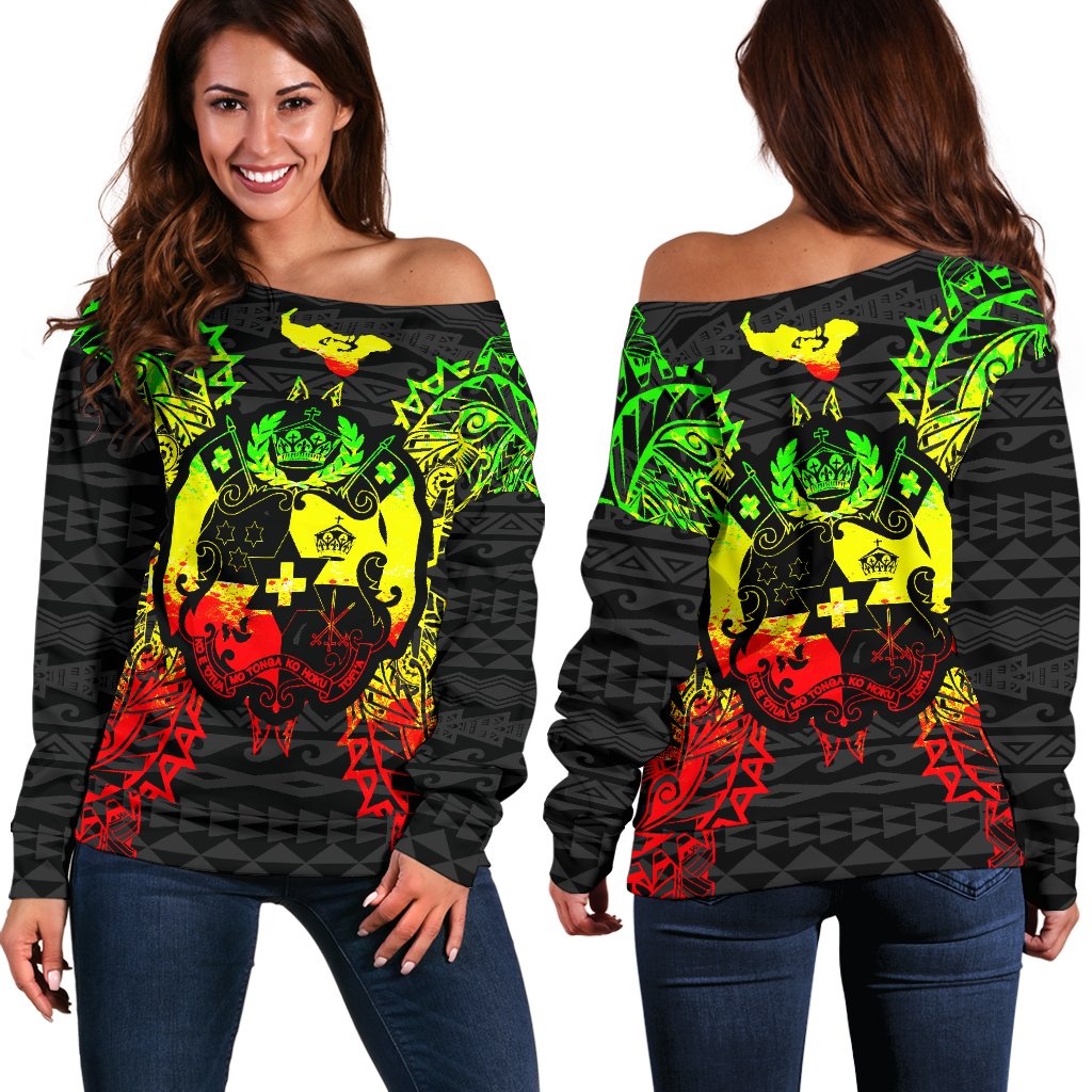 Tonga Polynesian Shoulder Sweater Map Reggae Art - Polynesian Pride