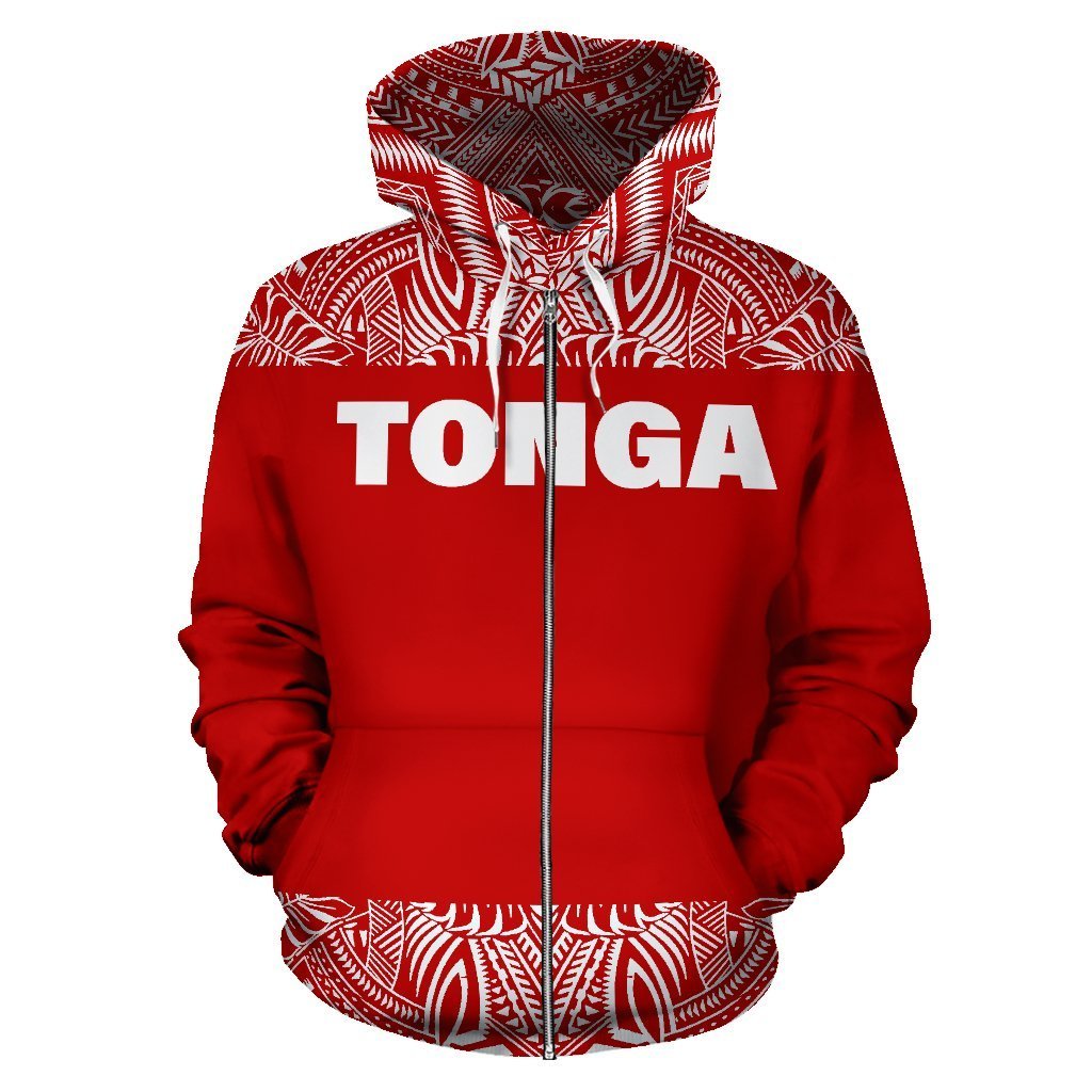 Tonga All Over Zip up Hoodie Polynesian Red and White - Polynesian Pride