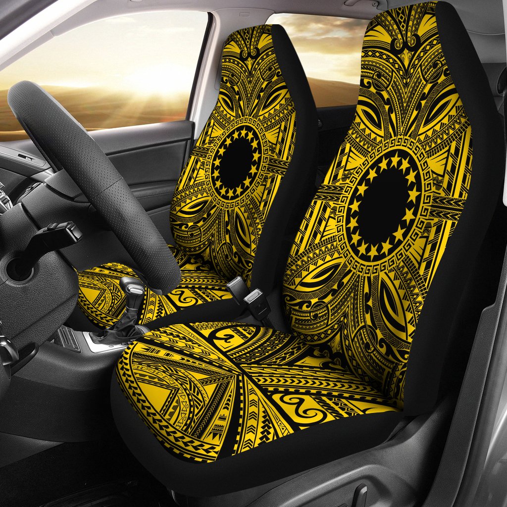 Cook Islands Car Seat Cover - Cook Islands Coat Of Arms Polynesian Gold Black Universal Fit Gold - Polynesian Pride