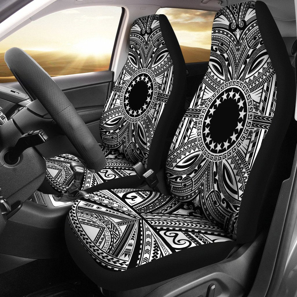Cook Islands Car Seat Cover - Cook Islands Coat Of Arms Polynesian White Black Universal Fit Black - Polynesian Pride