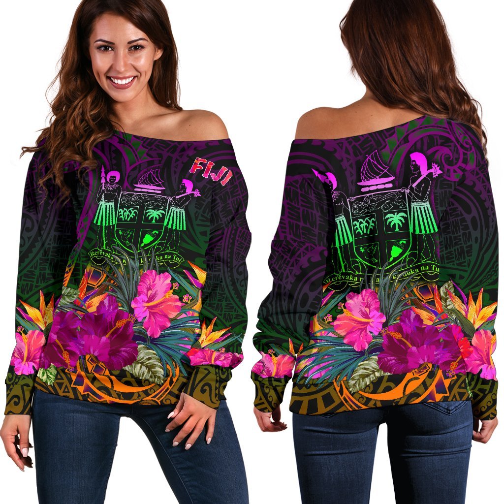 Fiji Women's Off Shoulder Sweater - Summer Hibiscus Art - Polynesian Pride