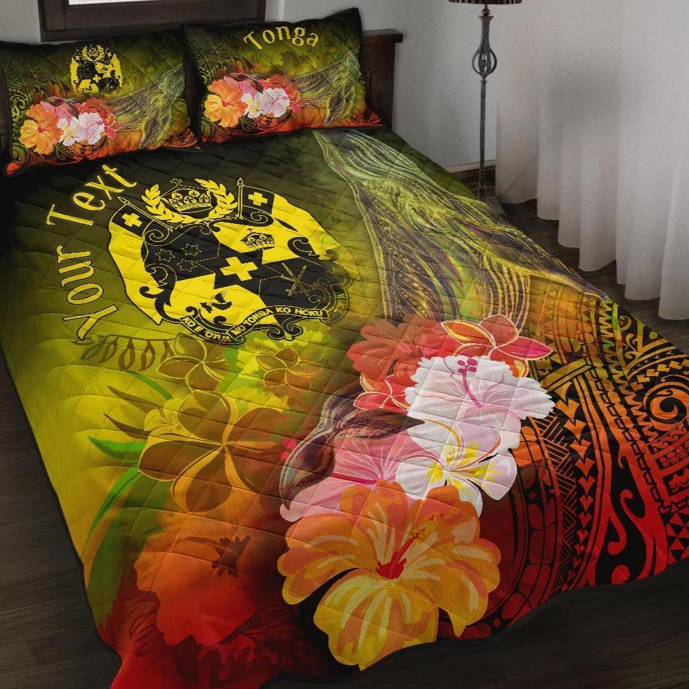 Tonga Custom Personalised Quilt Bed Set - Humpback Whale with Tropical Flowers (Yellow) Yellow - Polynesian Pride