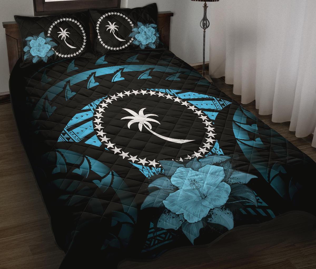 Chuuk Polynesian Quilt Bed Set Hibiscus Blue Black - Polynesian Pride