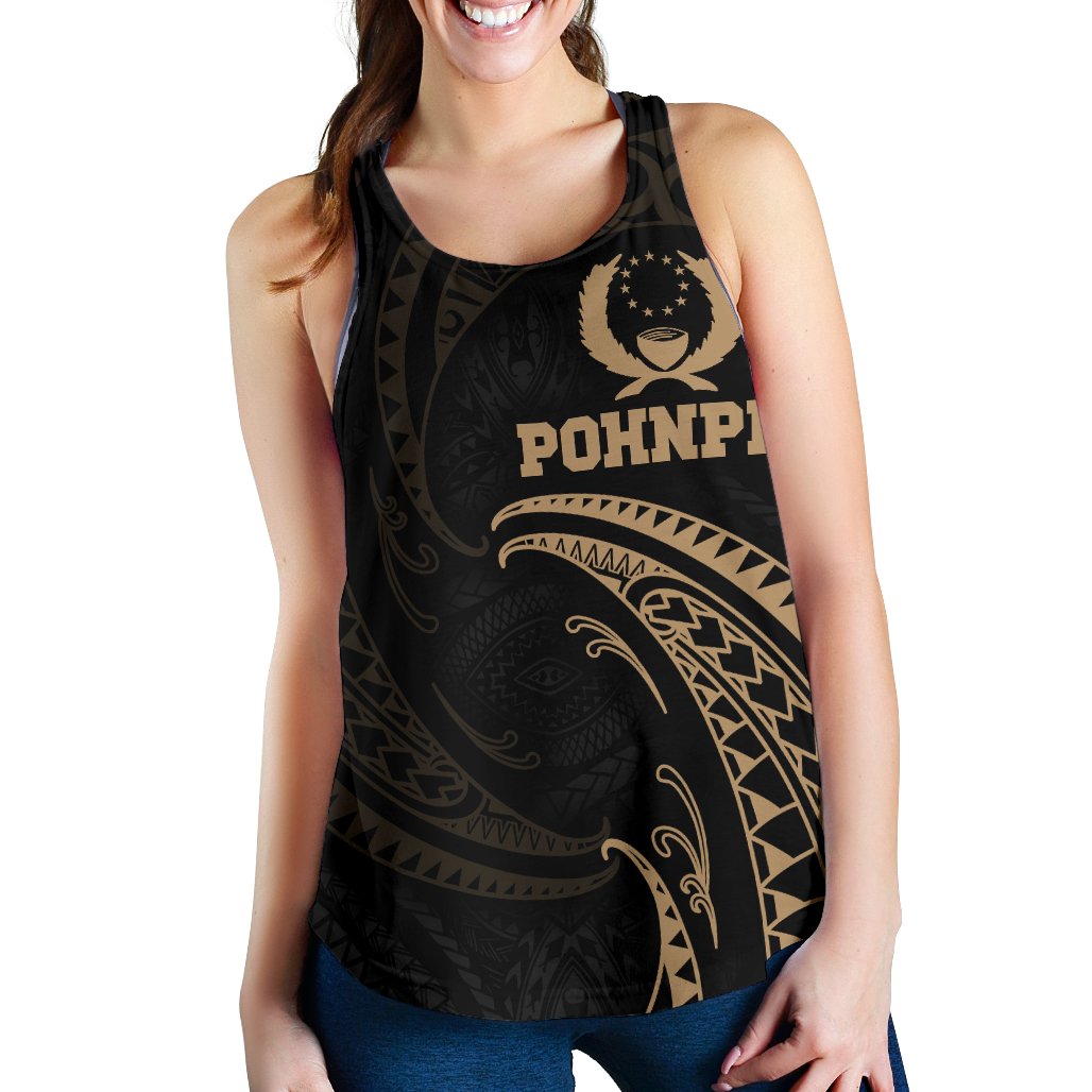 Pohnpei Micronesia Women's Racerback Tank - Gold Tribal Wave - Polynesian Pride
