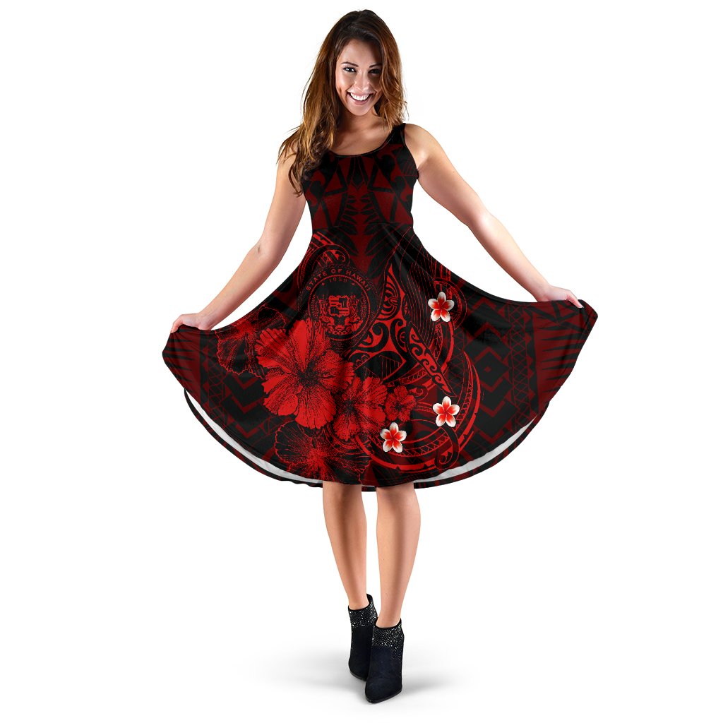 Polynesian Hawaii Women's Midi Dress - Humpback Whale with Hibiscus (Red) Women Red - Polynesian Pride