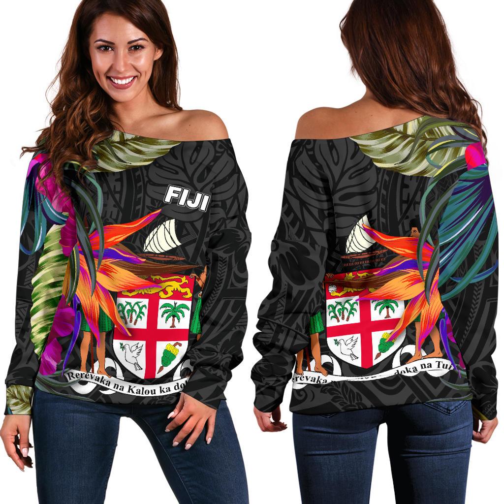 Fiji Women's Off Shoulder Sweater - Polynesian Hibiscus Pattern Black - Polynesian Pride