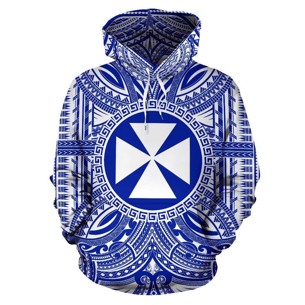 Wallis nd Futuna ll Over Hoodie Wallis nd Futuna Coat of rms Polynesian Flag Color Unisex Blue - Polynesian Pride