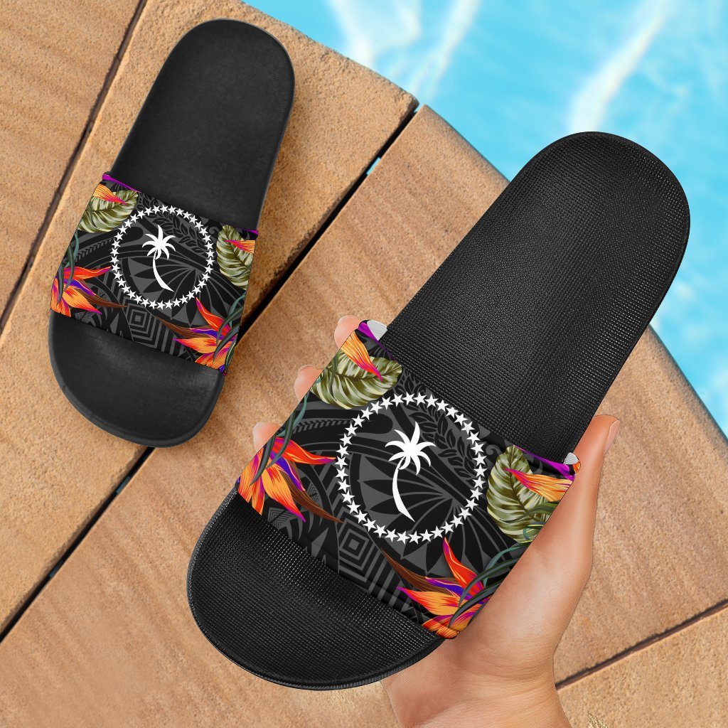 Chuuk Slide Sandals - Polynesian Hibiscus Pattern Black - Polynesian Pride