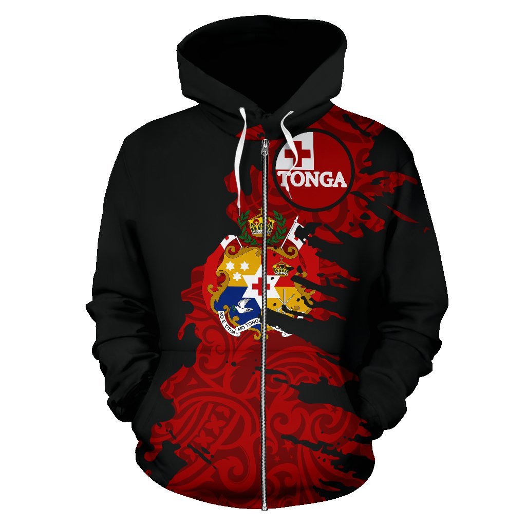 Tonga Polynesian Zip up Hoodie Tonga Flag COat of Arms Painting - Polynesian Pride
