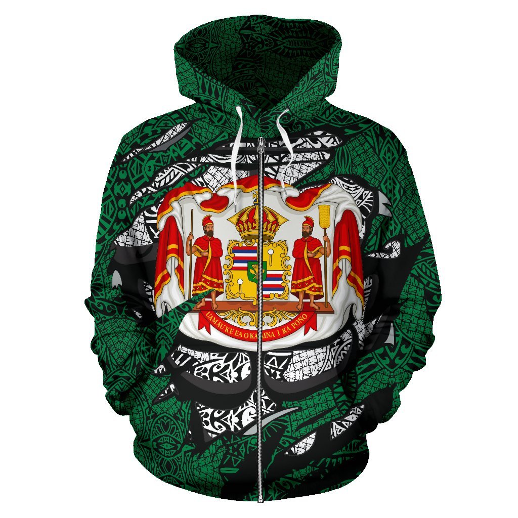 Polynesian Kanaka Maoli Royal Coat of Arms Hawaii Zip Hoodie Green - Polynesian Pride