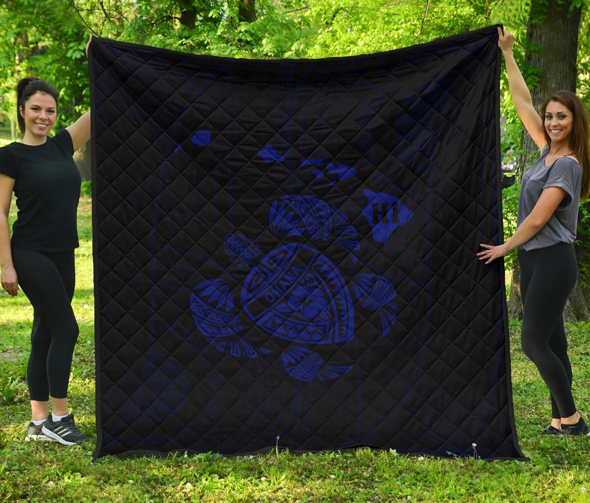 Hawaii Turtle Hibicus Map Premium Quilt - Blue Blue - Polynesian Pride