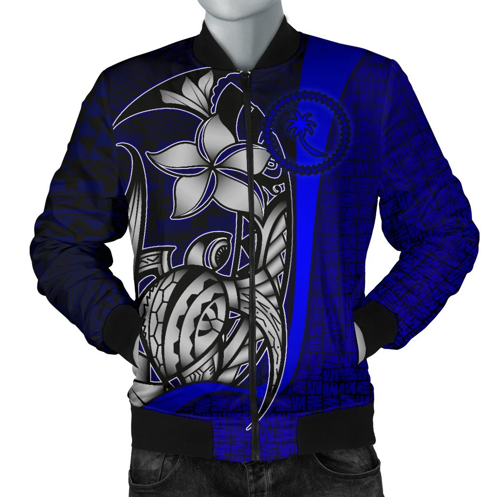 Chuuk Micronesian Men's Bomber Jackets Blue - Turtle With Hook Blue - Polynesian Pride