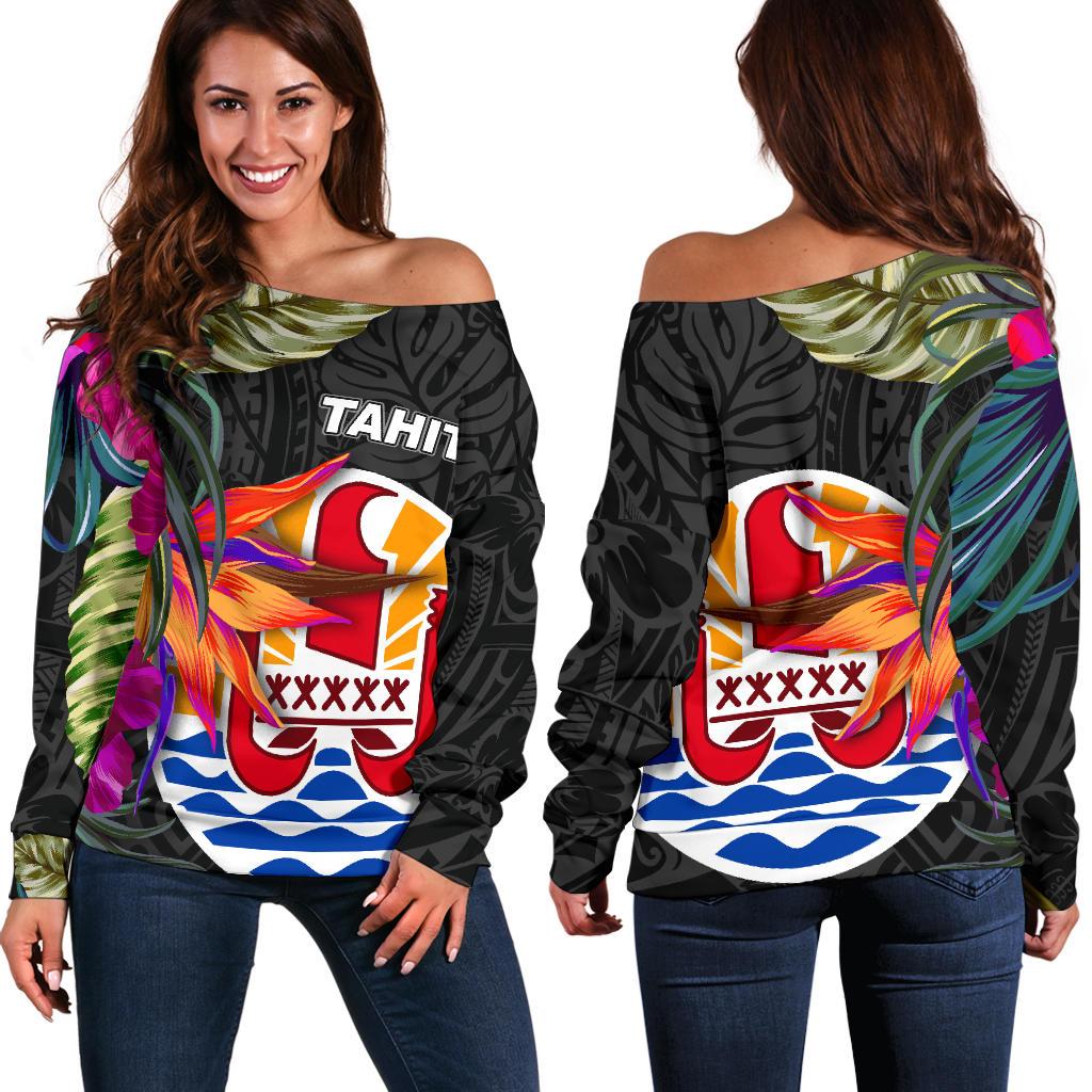 Tahiti Women's Off Shoulder Sweater - Polynesian Hibiscus Pattern Black - Polynesian Pride
