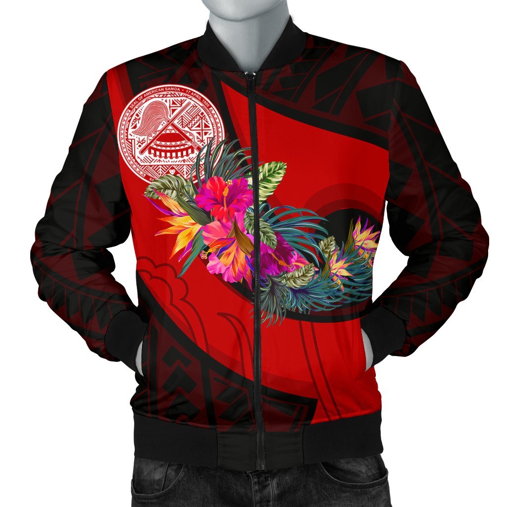 American Samoa Men's Bomber Jacket - Polynesian Hook And Hibiscus (Red) Red - Polynesian Pride