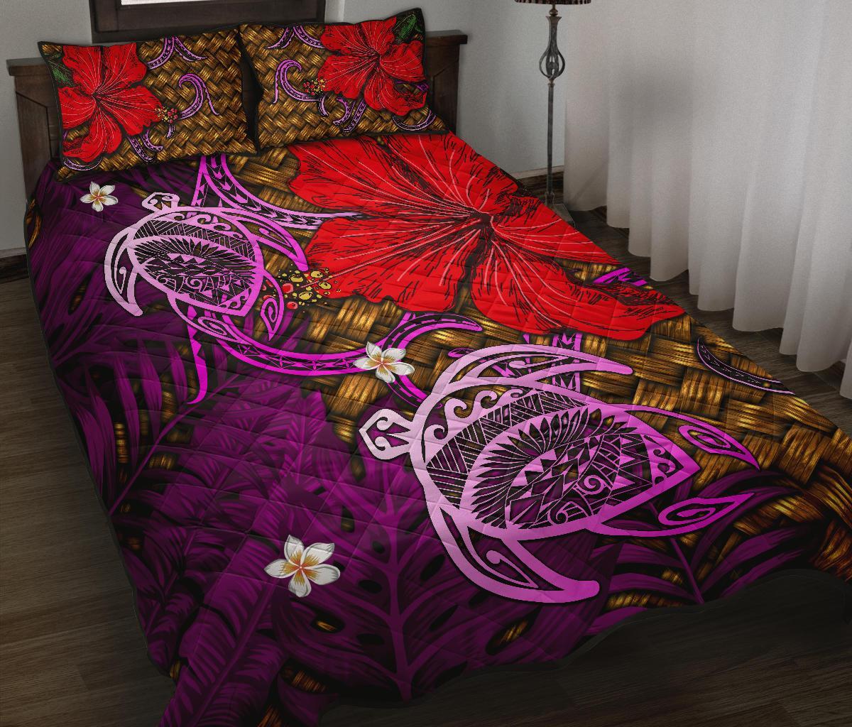 Hawaii Lauhala Hibiscus Polynesian Tropical Pink Quilt Bed Set - Wake Style - AH - Polynesian Pride