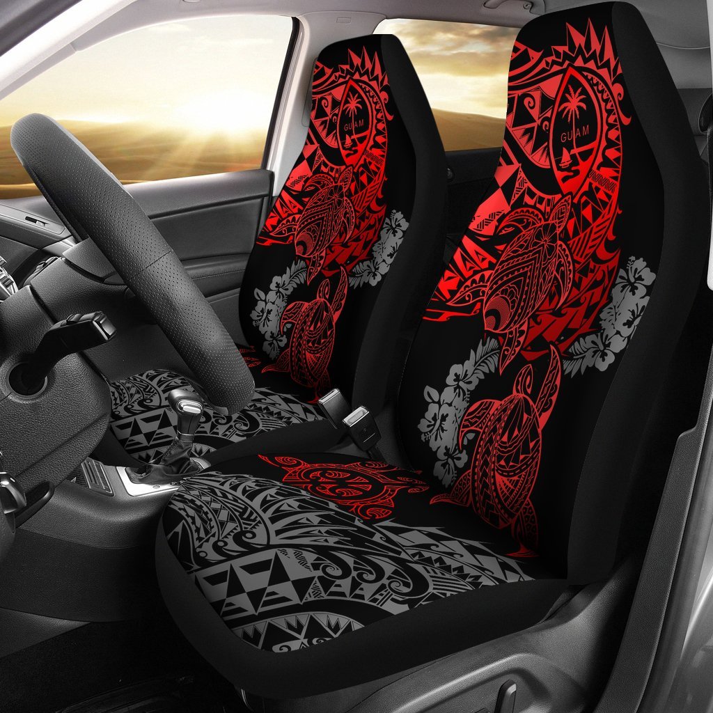 Guam Car Seat Covers - Guam Coat Of Arms Red Turtle & Gray Hibiscus Universal Fit Black - Polynesian Pride
