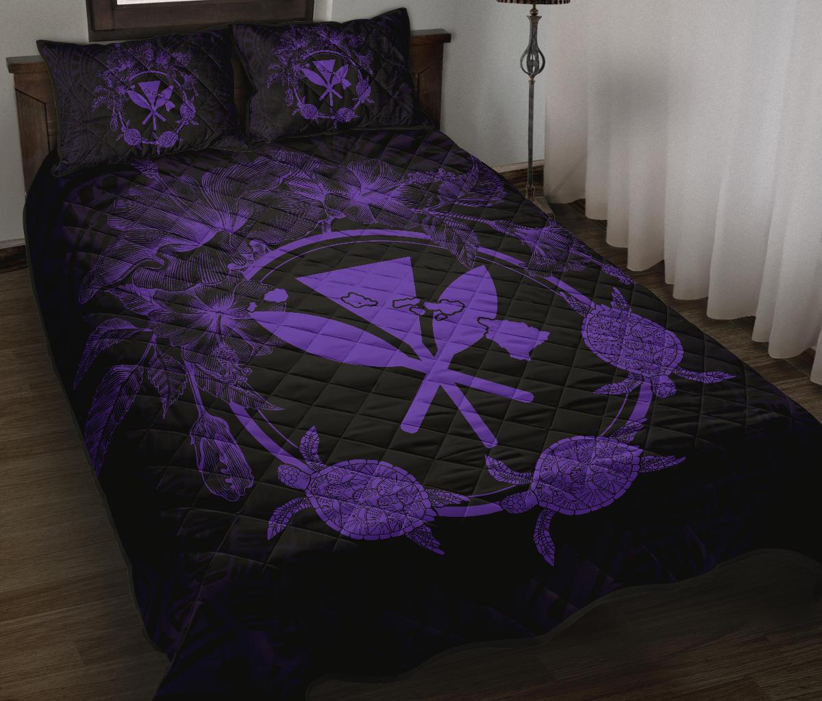 Hawaii Kanaka Turtle Hibiscus Polynesian Quilt Bed Set - Anthea Style Purple - Polynesian Pride